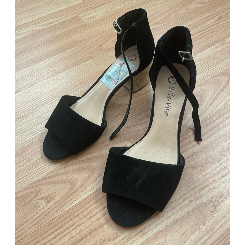 Bella Vita Black Suede Ankle-Strap Block Heel Sandals